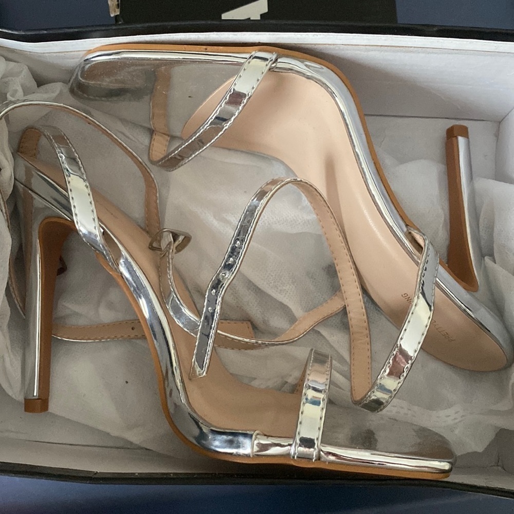 Pretty Little Thing Silver Square Toe Barely There Strappy High Heels